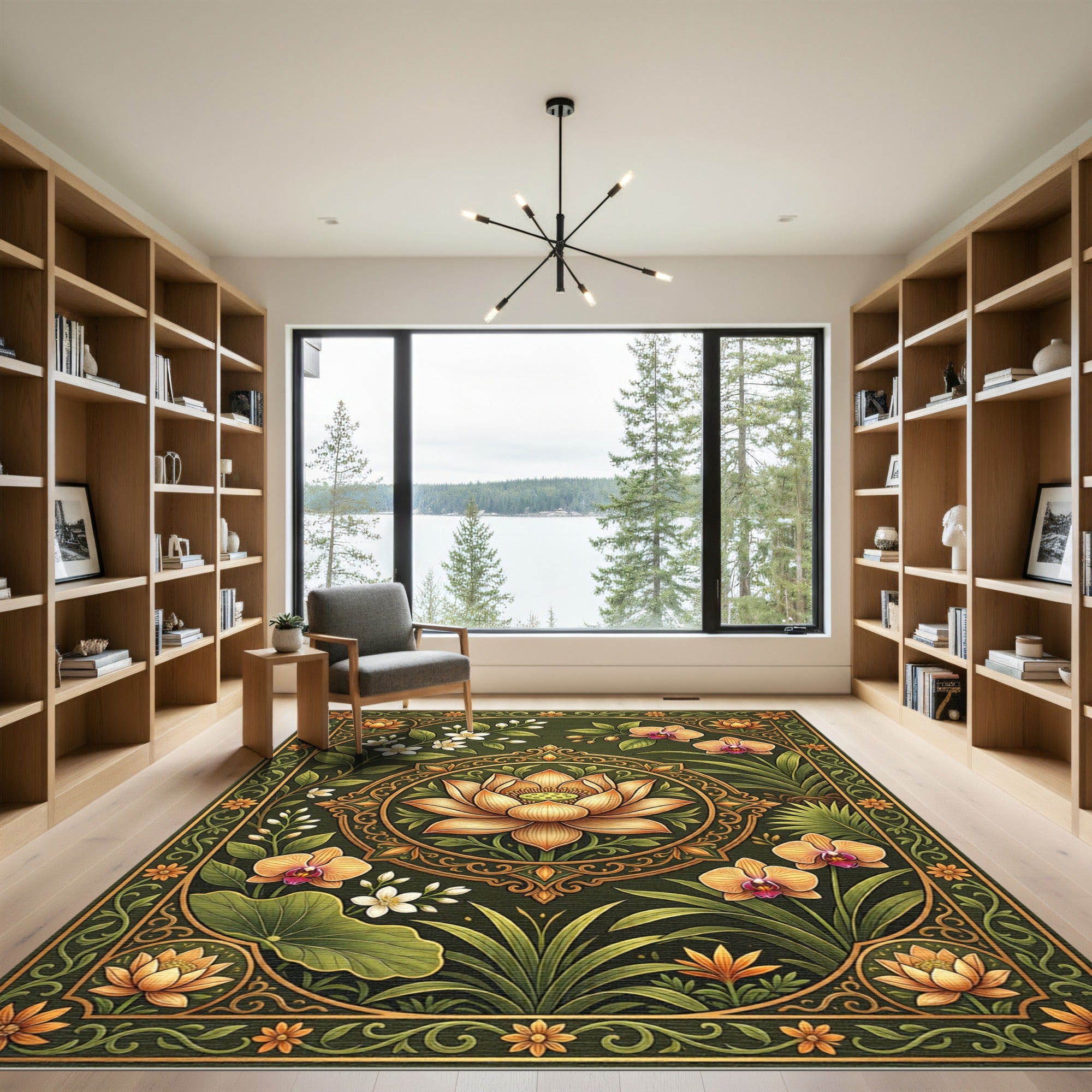 Earthy Gold Lotus Orchid Botanical Tapestry Rug