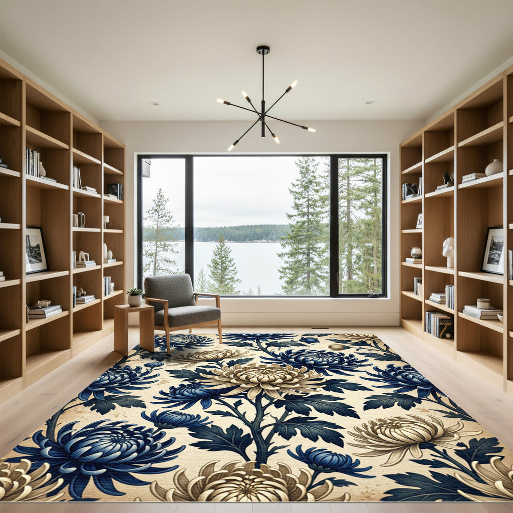 Navy Cream Chrysanthemum Floral Vines Rug