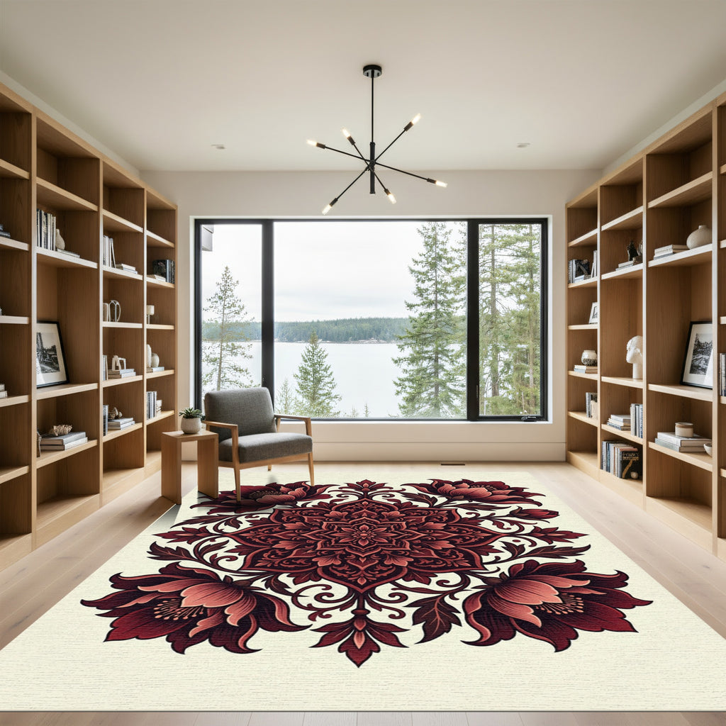 Deep Crimson Floral Mandala Rug
