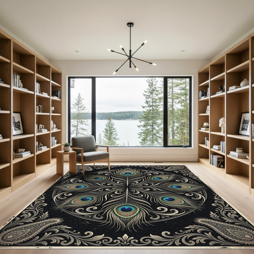 Elegant Peacock Feather Mandala Medallion Rug