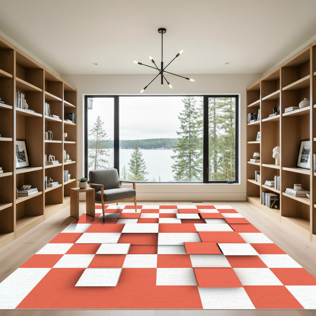 Modern Dimensional Coral and White Checkerboard Rug