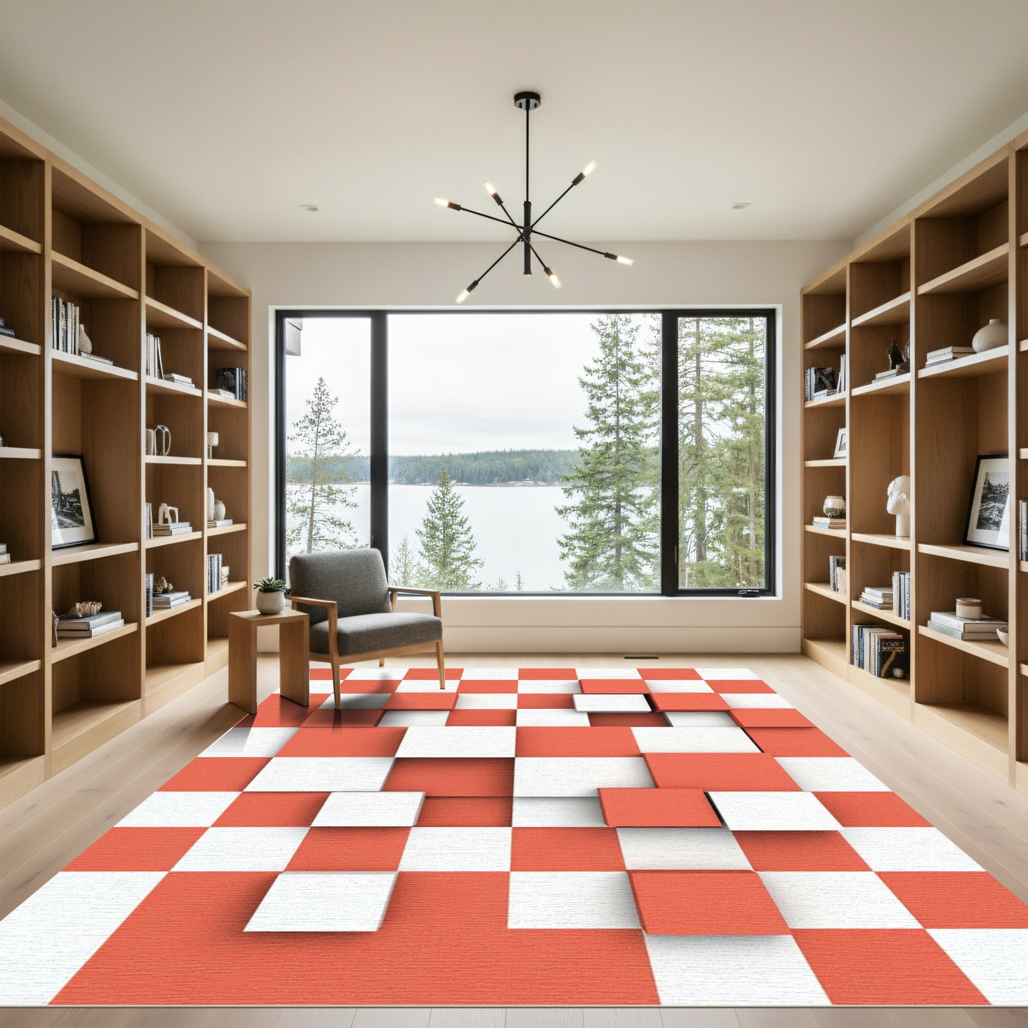 Modern Dimensional Coral and White Checkerboard Rug