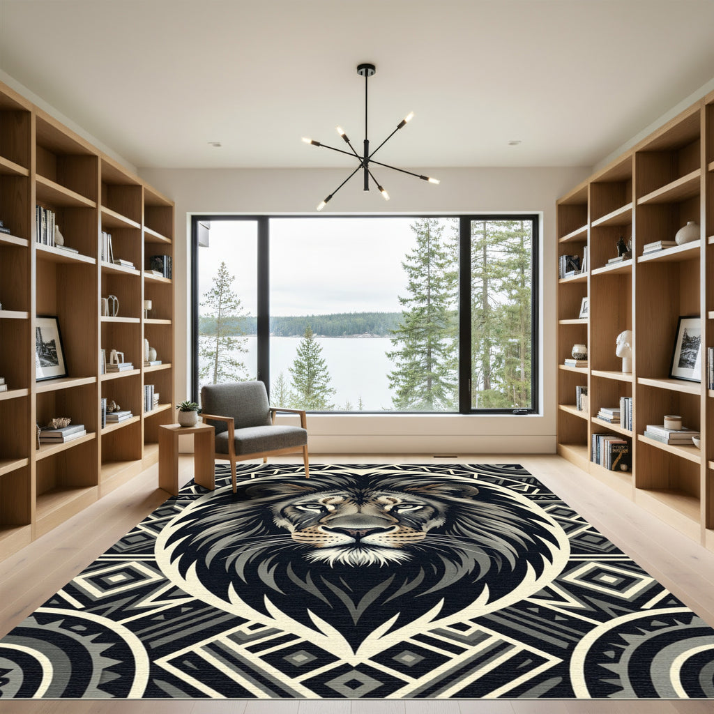 Tribal Majestic Lion Gray Geometric Rug