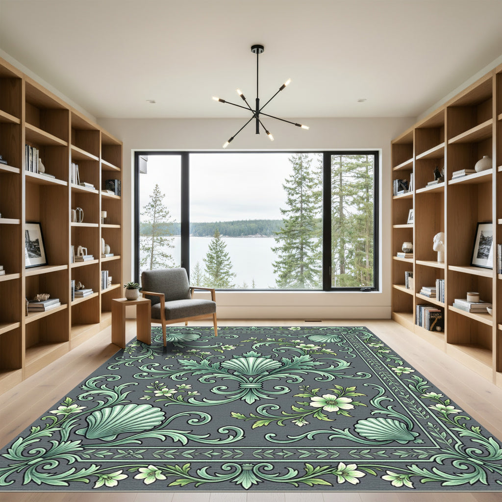 Green Seashell Floral Scrollwork Adornment Rug