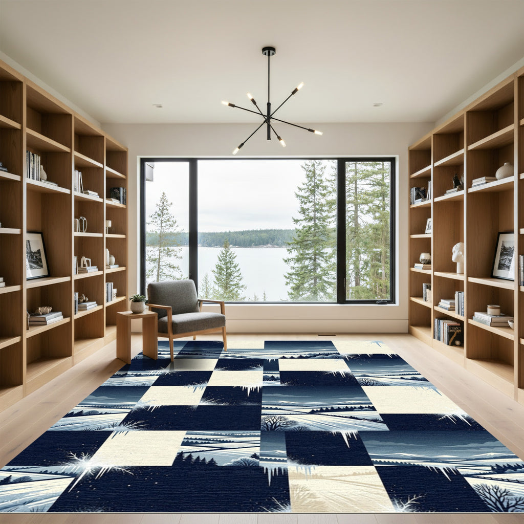 Winter Midnight Checkered Snowy Landscape Rug