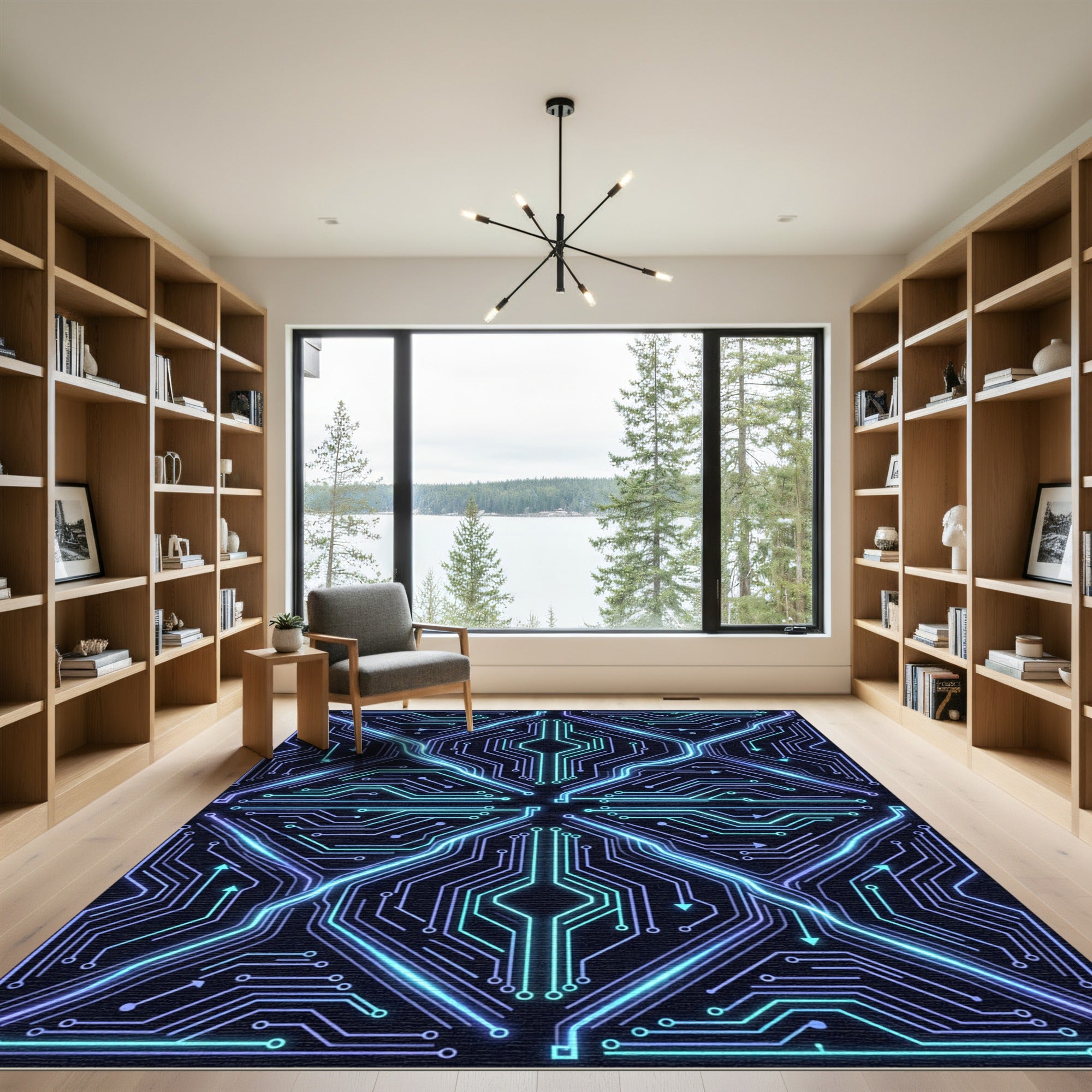 Electric Neon Circuitry Geometric Grid Rug