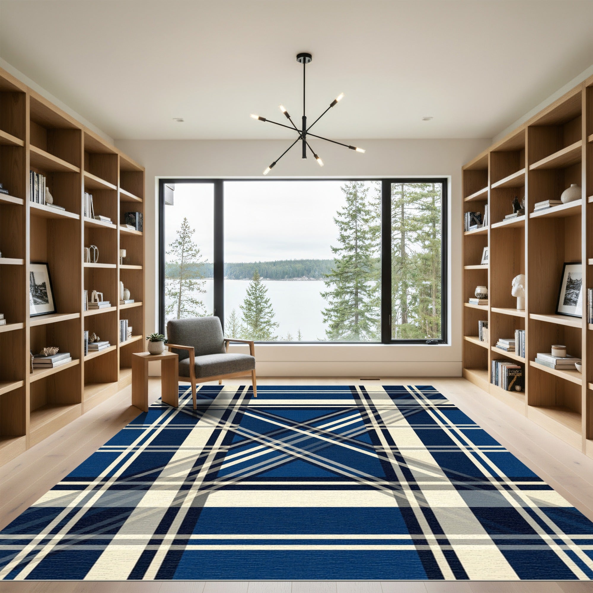 Contemporary Navy and Cream Plaid Rug