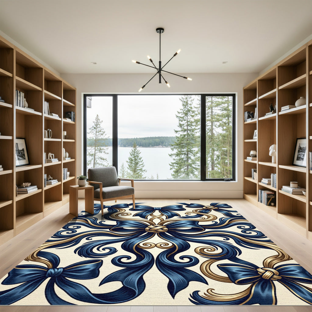 Elegant Navy Ribbon and Gold Scroll Rug