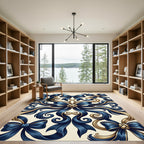 Elegant Navy Ribbon and Gold Scroll Rug