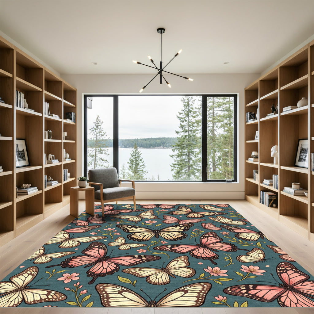 Whimsical Blush Butterfly Teal Botanical Rug