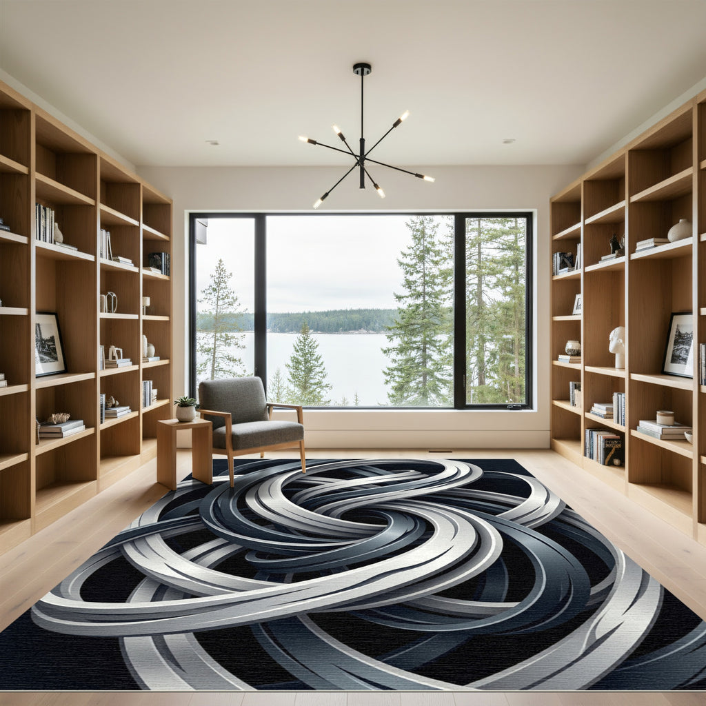 Modern Monochrome Swirling Intertwined Ribbon Rug