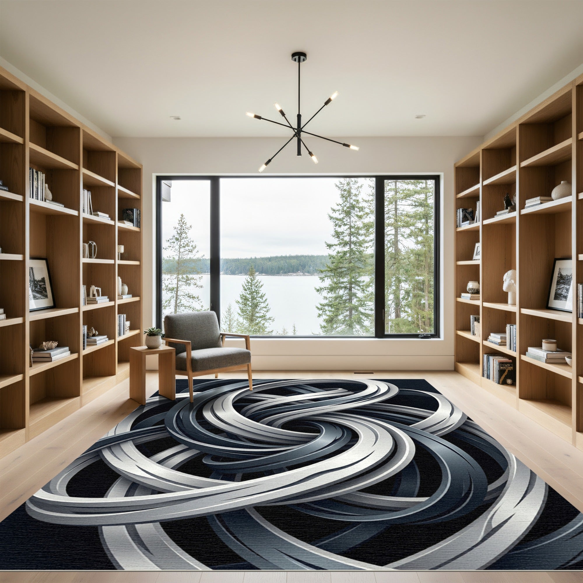 Modern Monochrome Swirling Intertwined Ribbon Rug
