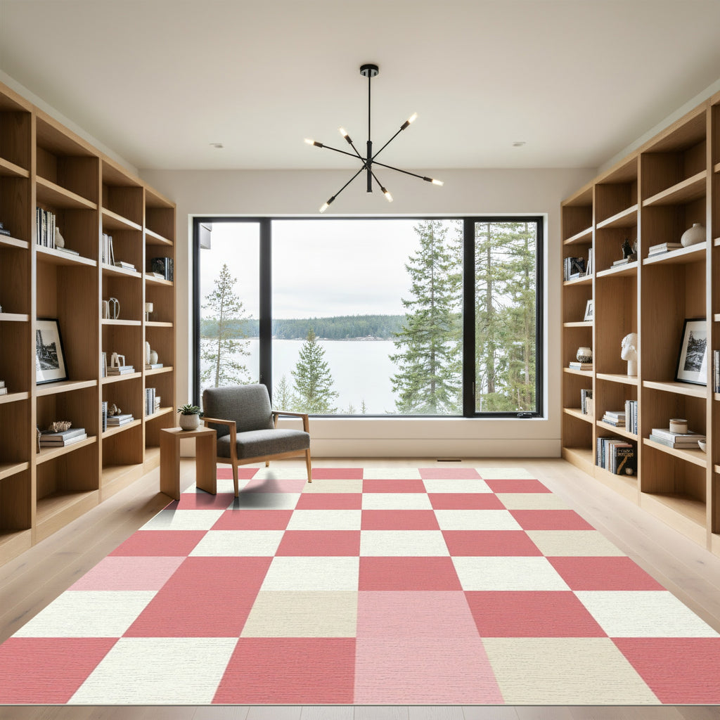 Soft Pink and Ivory Checkerboard Grid Rug