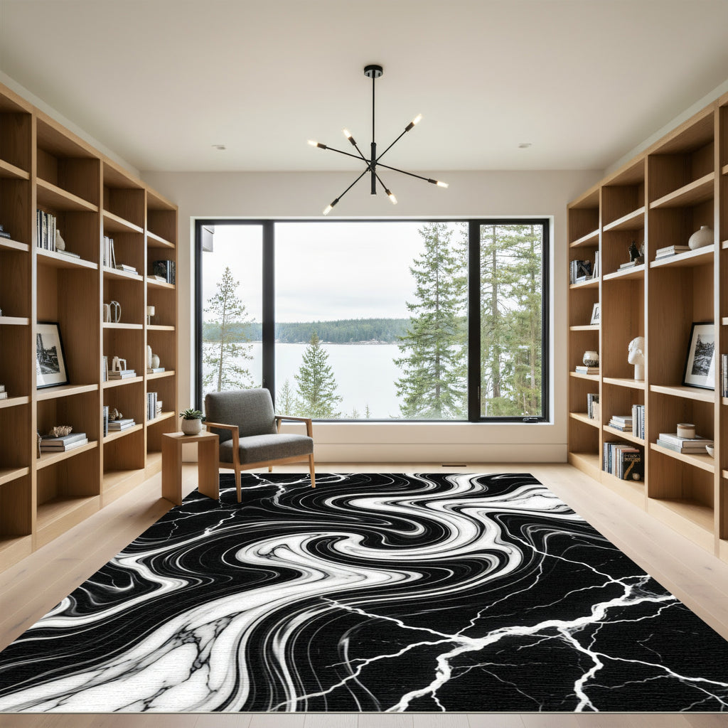 Monochrome Marble Swirl Abstract Wave Rug