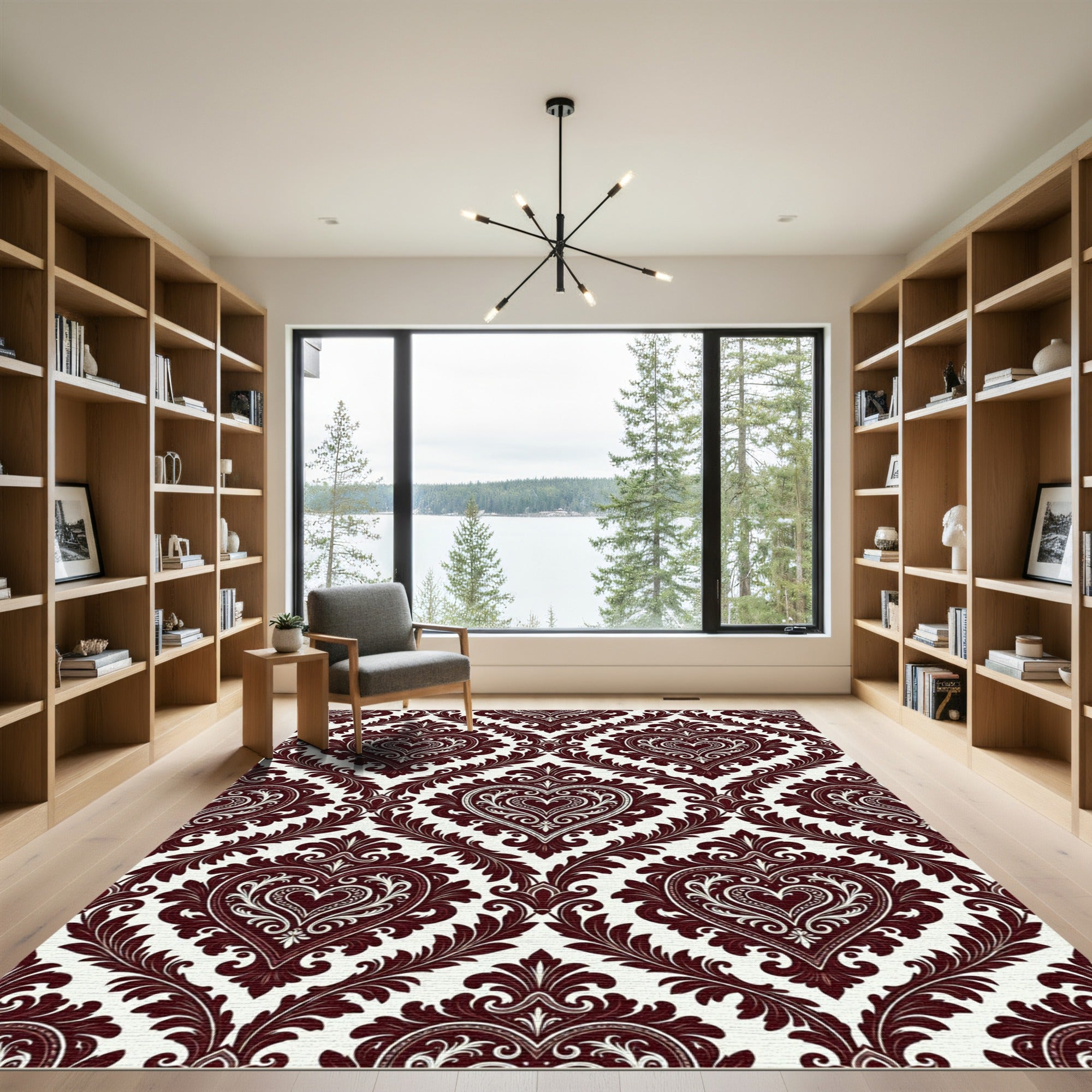 Deep Burgundy Ornate Heart Damask Rug