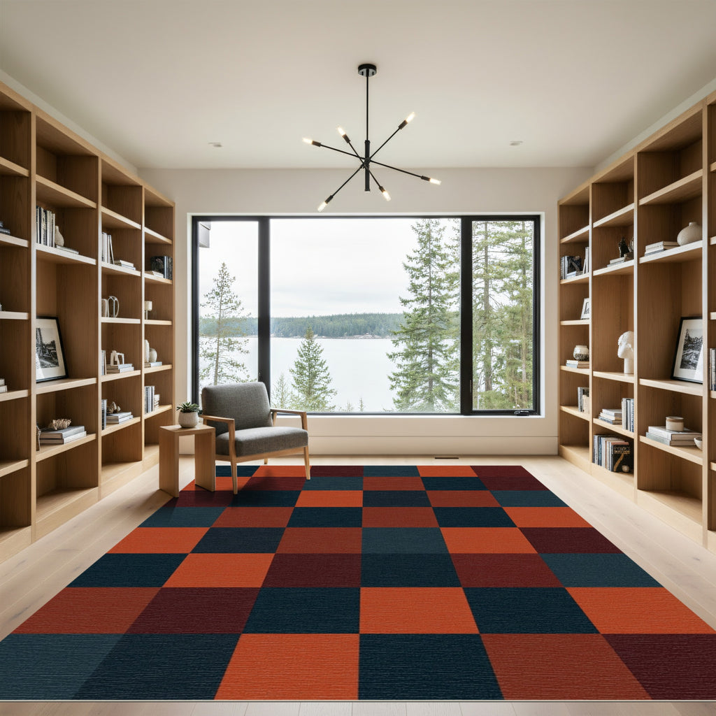 Modern Terracotta and Charcoal Grid Rug