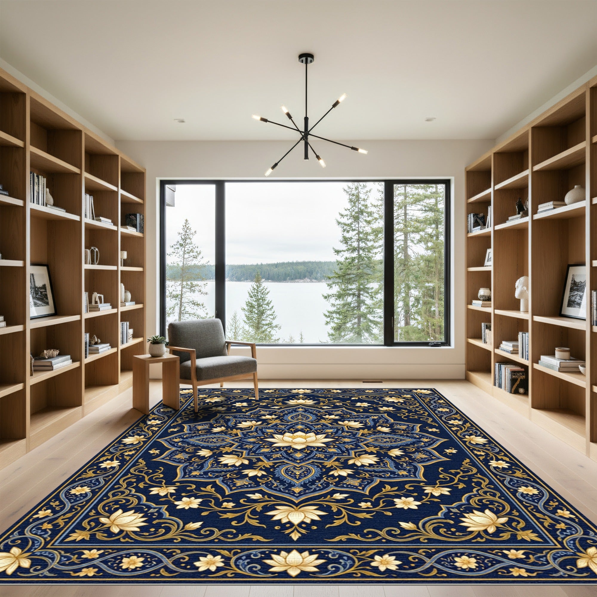 Golden Lotus Floral Medallion Navy Rug