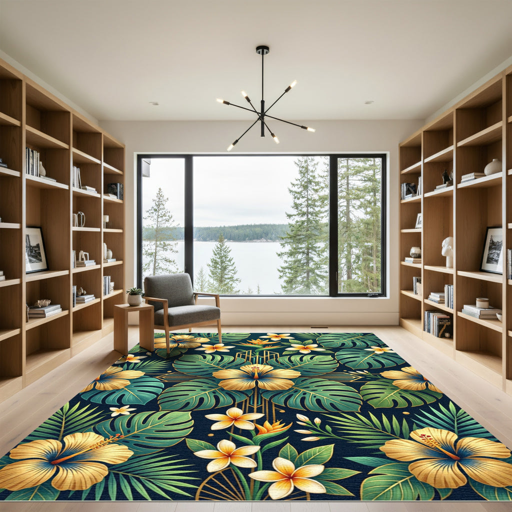 Golden Tropical Hibiscus Monstera Leaf Rug