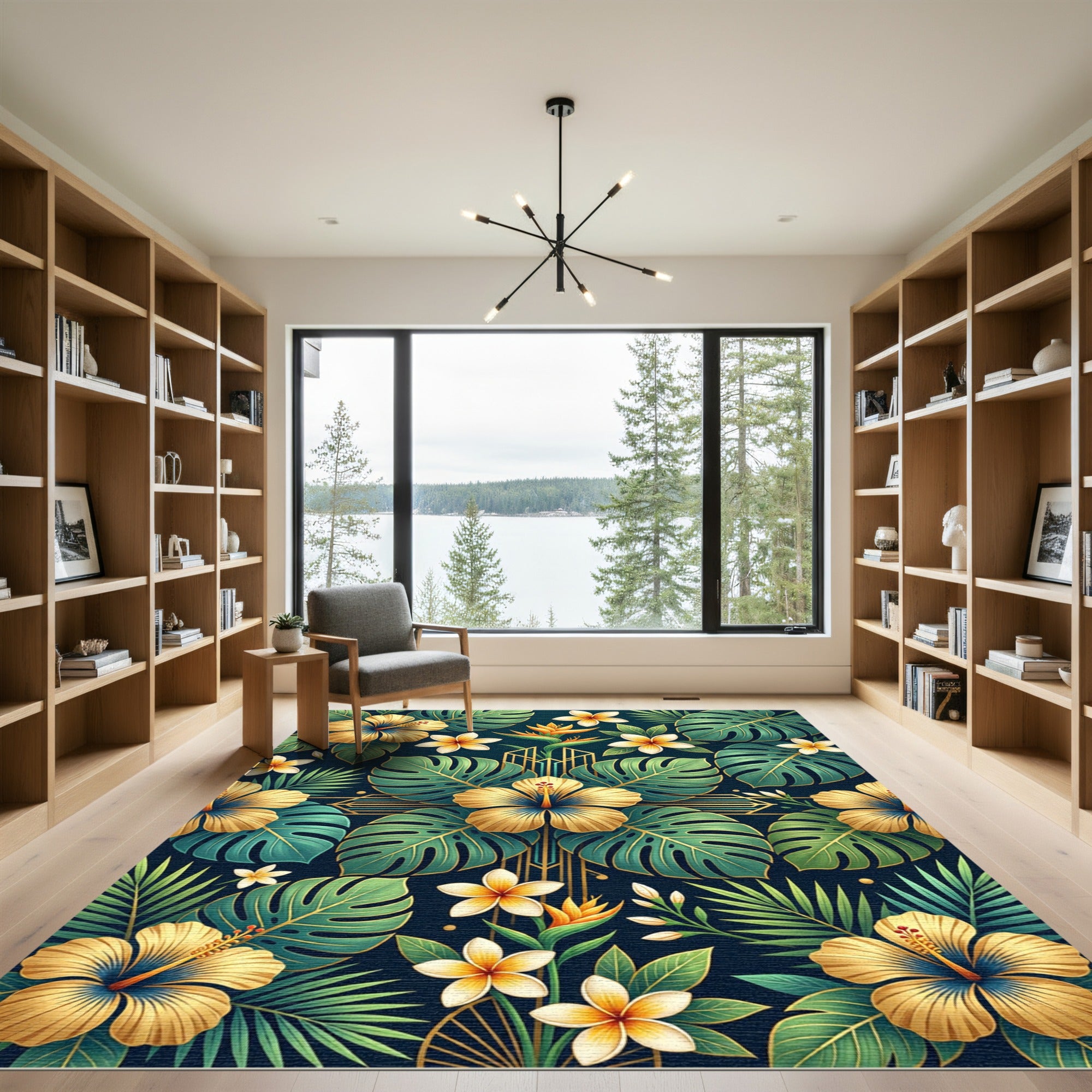 Golden Tropical Hibiscus Monstera Leaf Rug