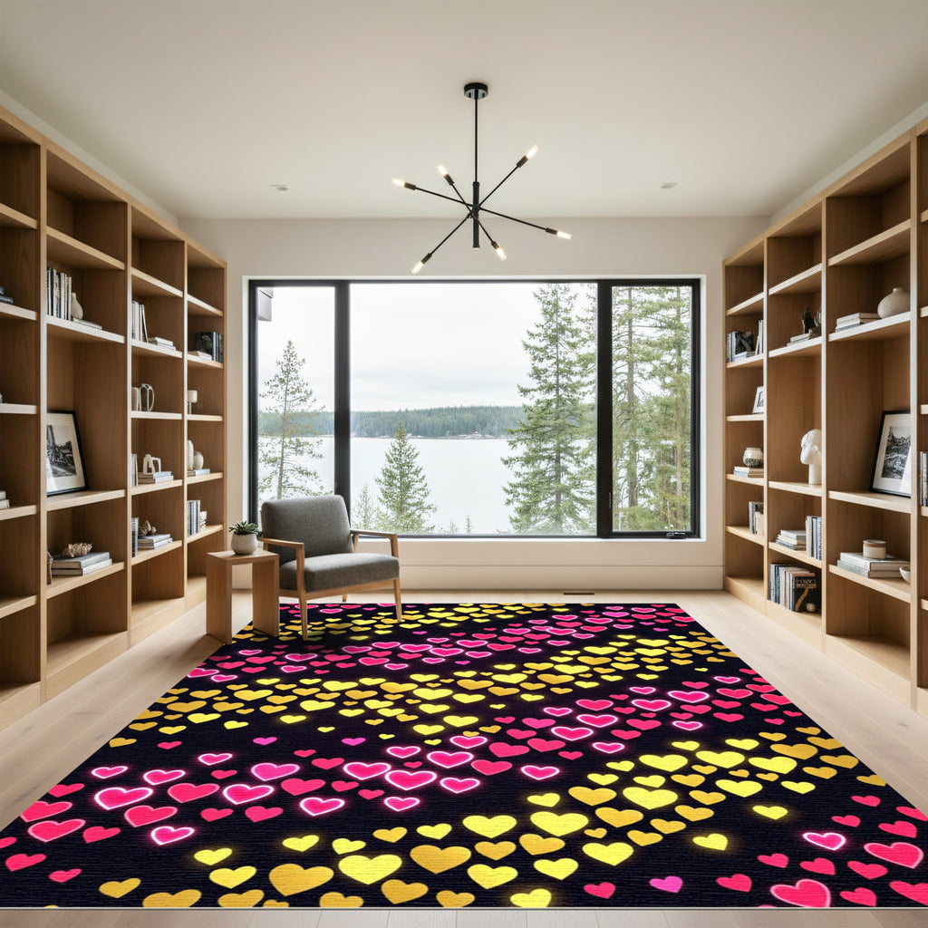 Vibrant Pink Gold Scattered Hearts Rug