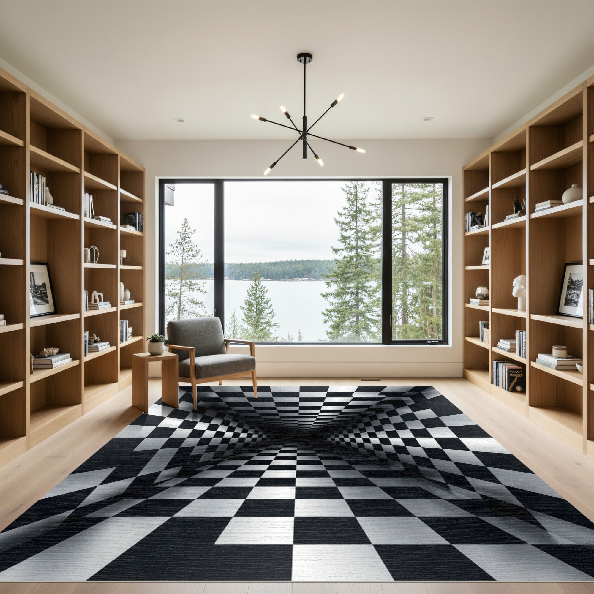 Monochromatic Optical Illusion Checkerboard Grid Rug