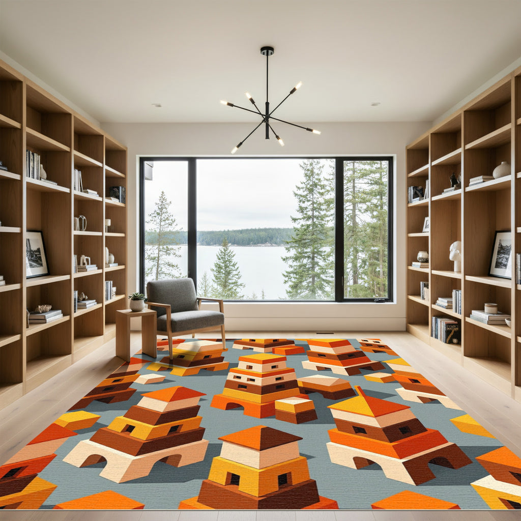 Geometric Ochre and Amber Block Towers Rug