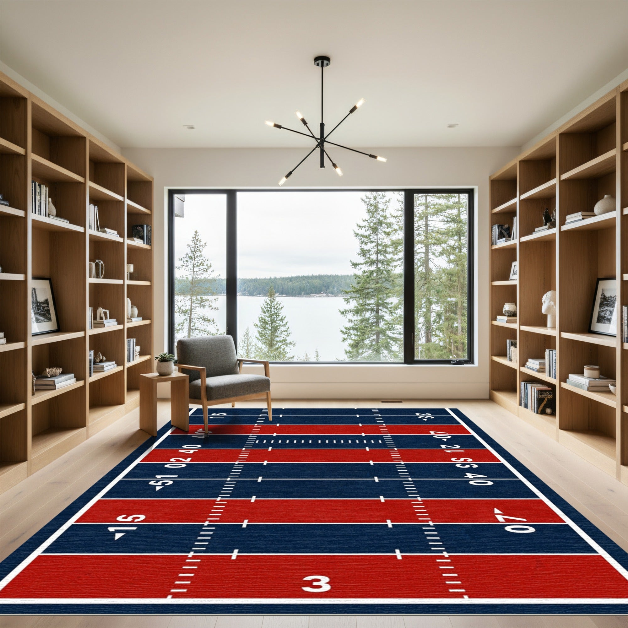 Modern Navy Red Grid Sports Field Rug
