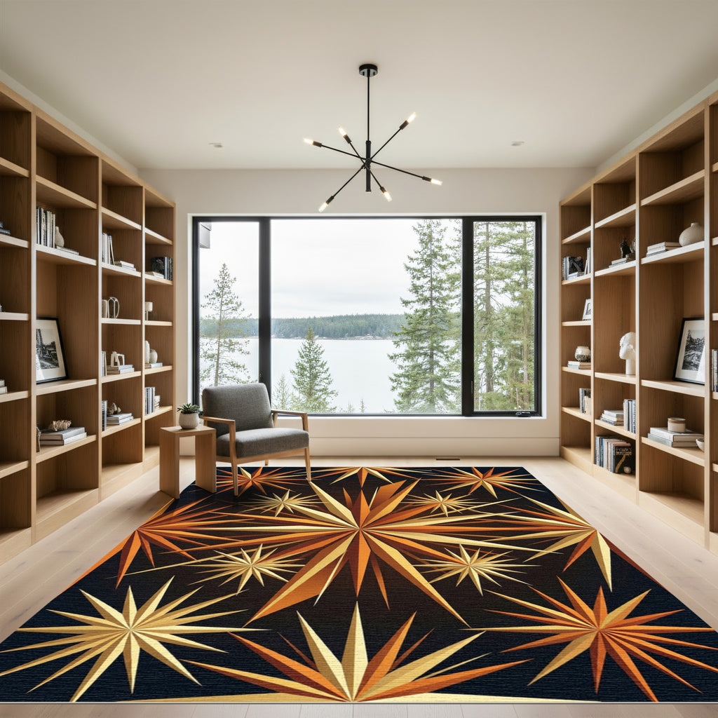 Golden Celestial Sunburst Geometric Area Rug