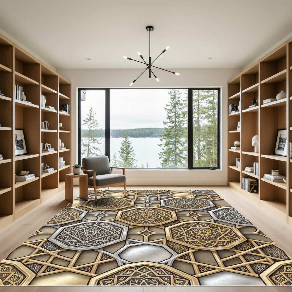 Ornate Gold Silver Geometric Octagon Rug
