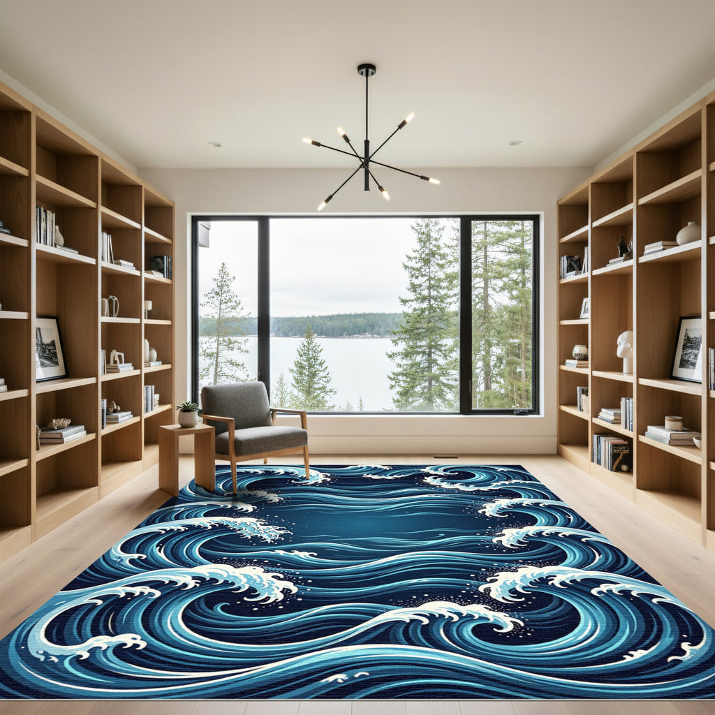Japanese Ocean Wave Indigo Art Rug