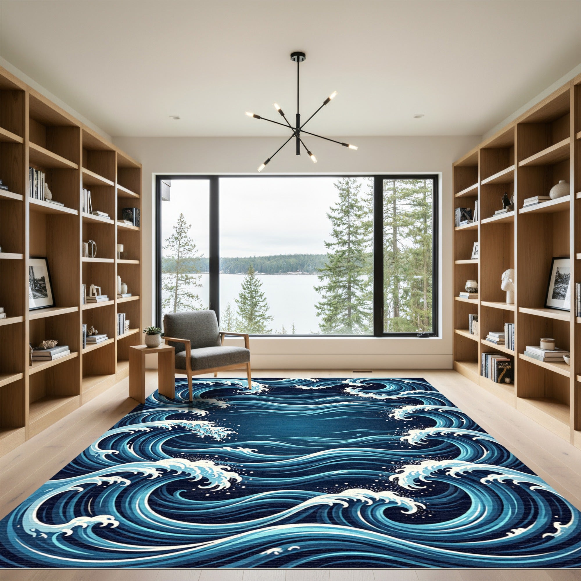 Japanese Ocean Wave Indigo Art Rug