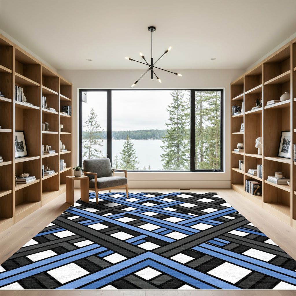 Modern Blue and Gray Interlocked Grid Rug