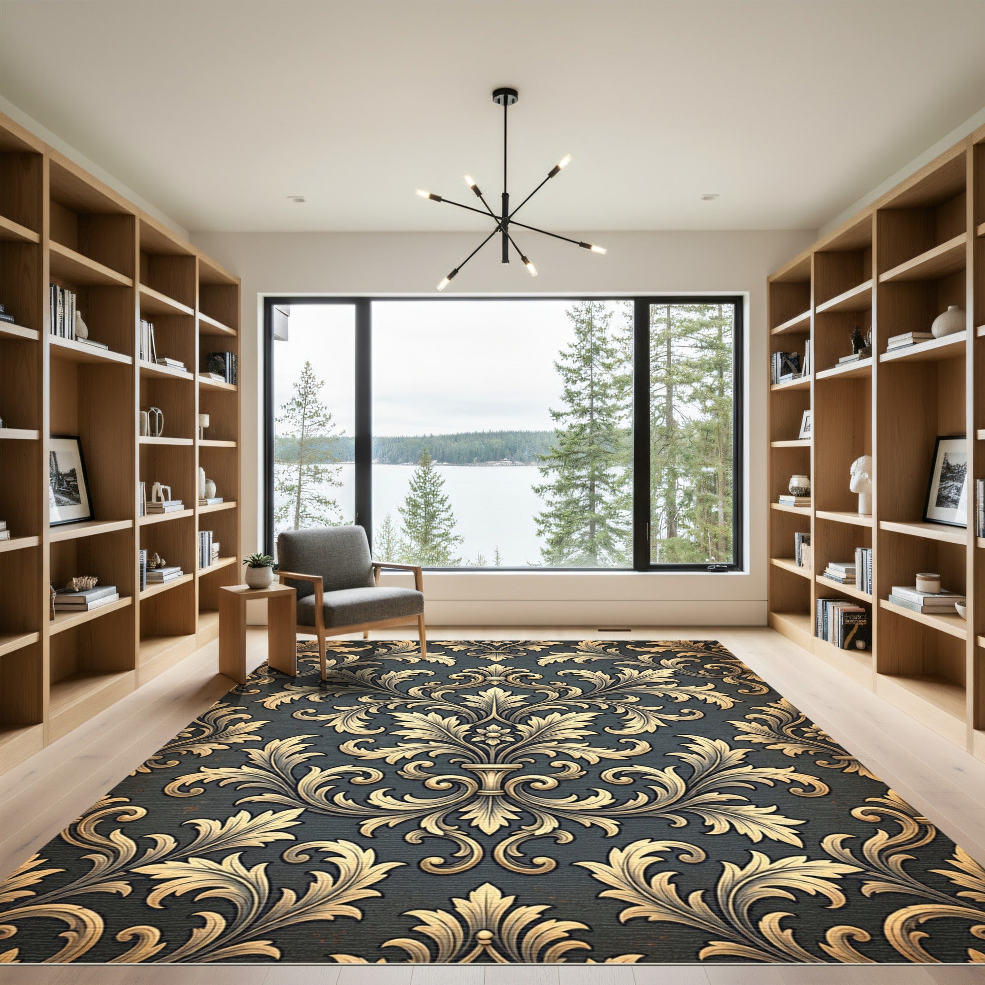 Gold Damask Scroll Charcoal Backdrop Rug