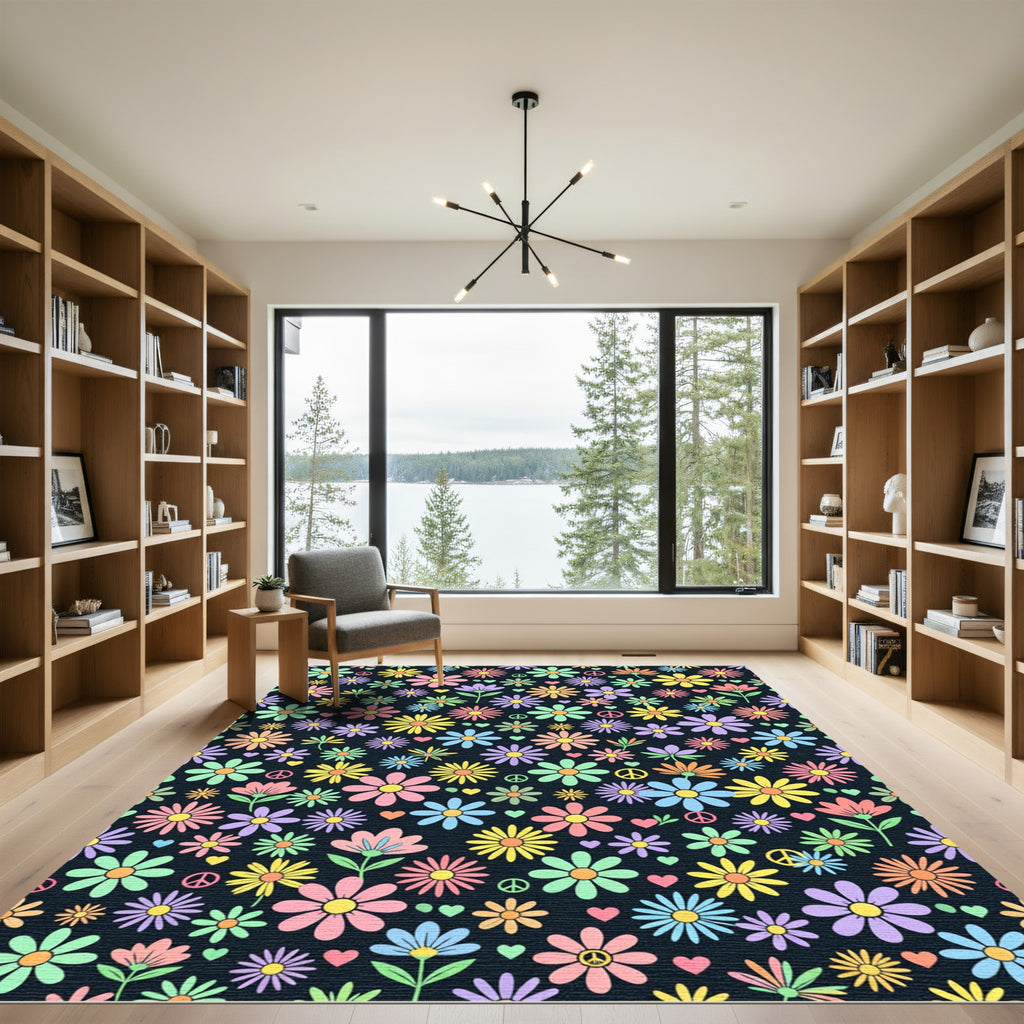 Retro Colorful Daisy Peace Sign Floral Rug