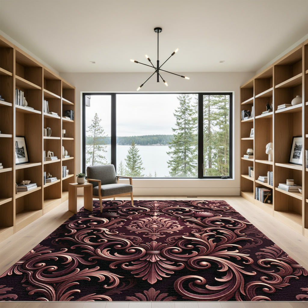 Ornate Damask Scroll Shell Burgundy Rug