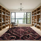 Ornate Damask Scroll Shell Burgundy Rug