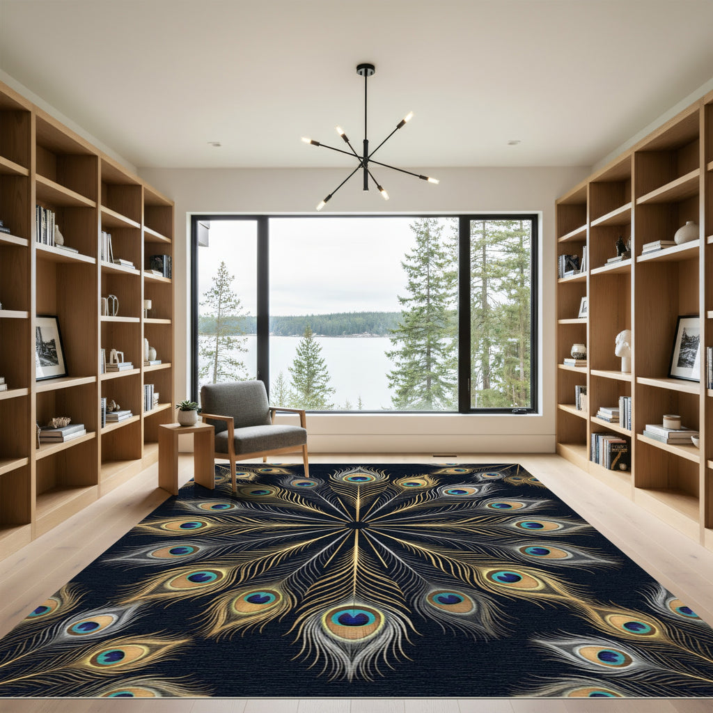 Gold and Teal Peacock Feather Mandala Rug