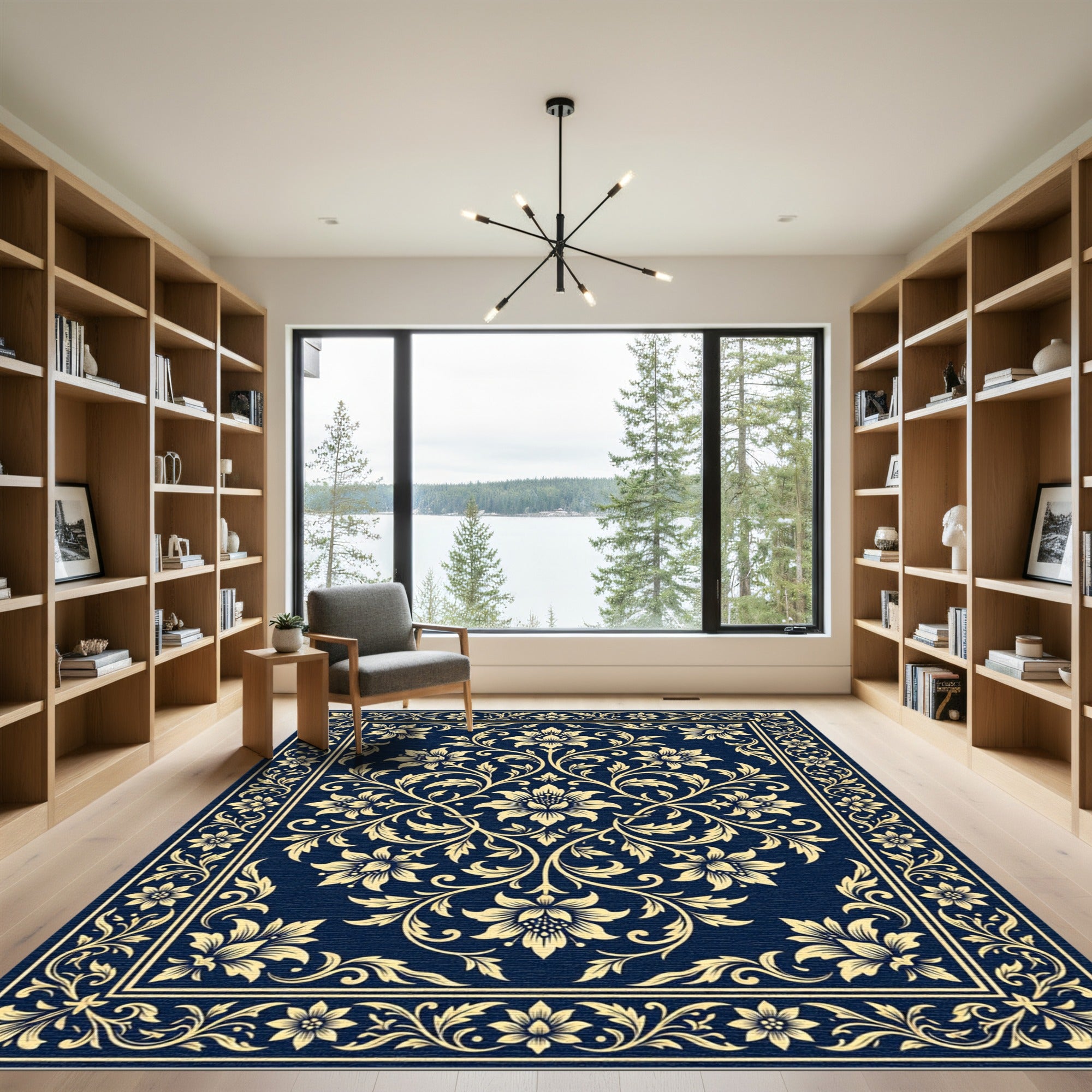 Elegant Gold Floral Damask Navy Rug
