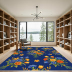 Vibrant Navy Floral Bouquet Golden Bloom Rug