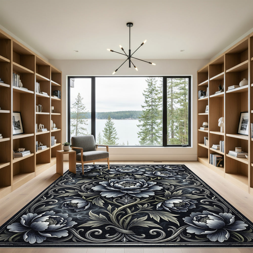 Elegant Monochrome Floral Peony Arrangement Rug