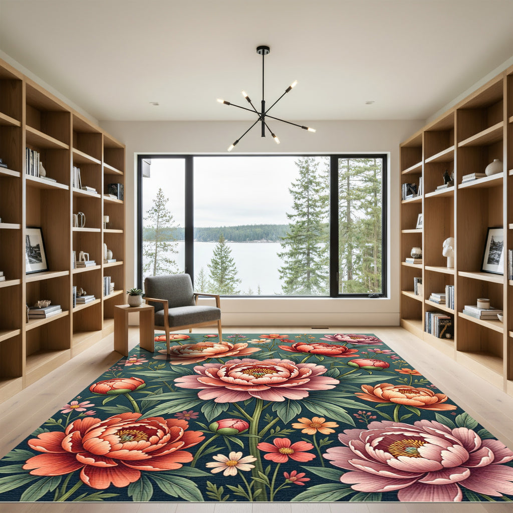 Blooming Peony Floral Teal Botanical Garden Rug