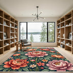 Blooming Peony Floral Teal Botanical Garden Rug