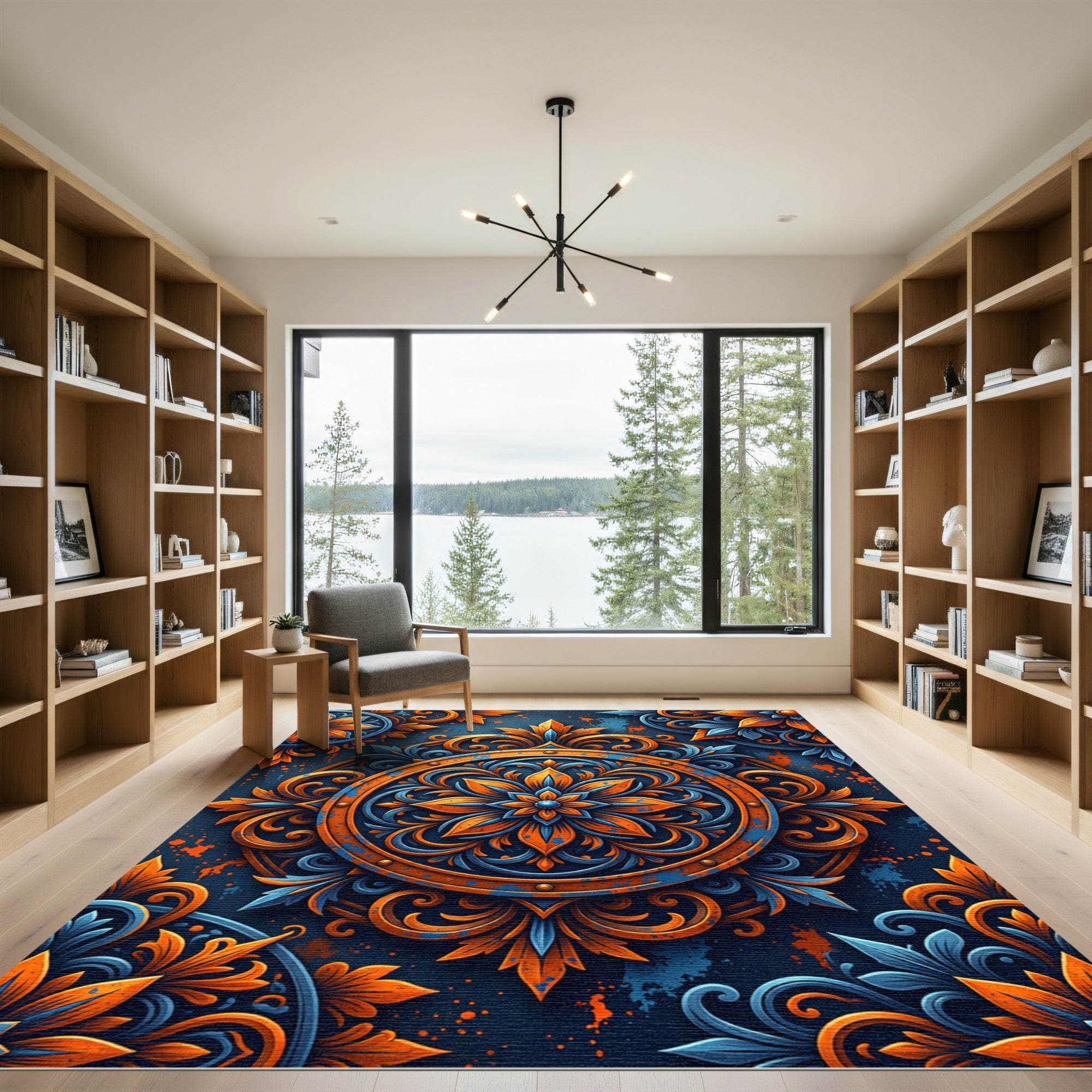 Ornate Amber and Cobalt Floral Medallion Rug