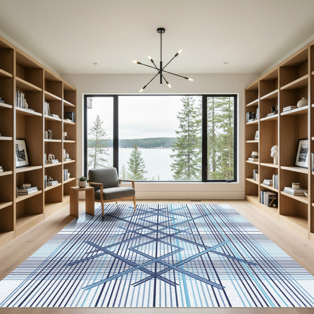 Modern Blue Geometric Grid Lattice Rug