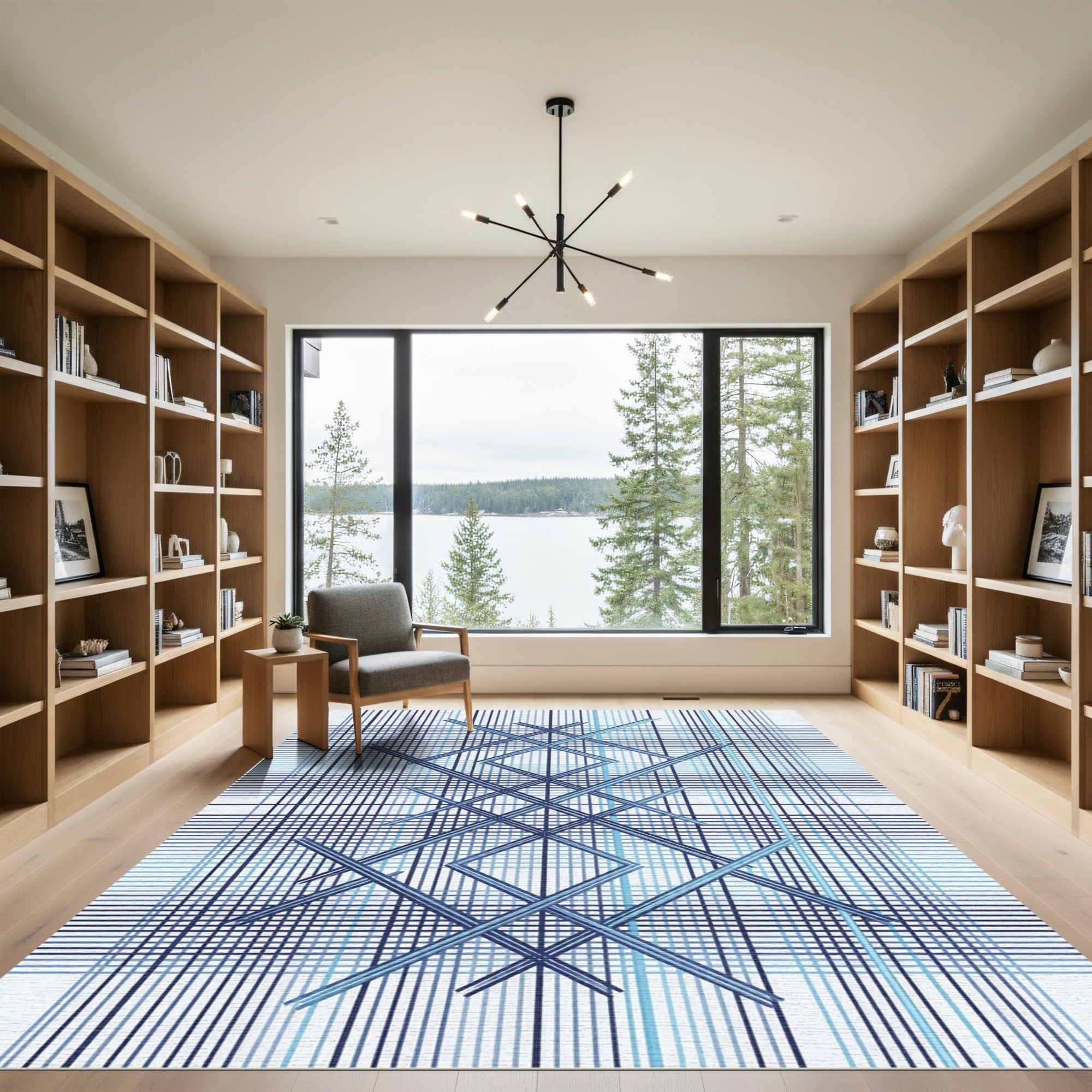 Modern Blue Geometric Grid Lattice Rug