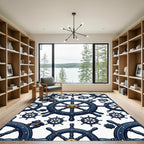 Navy Nautical Ship Wheel Emblem Rug