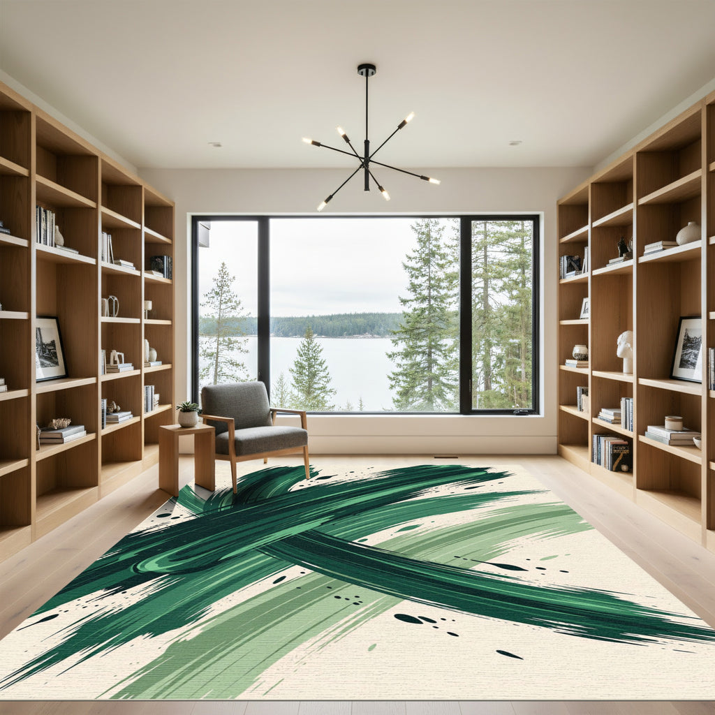 Modern Emerald Forest Abstract Brushstroke Rug