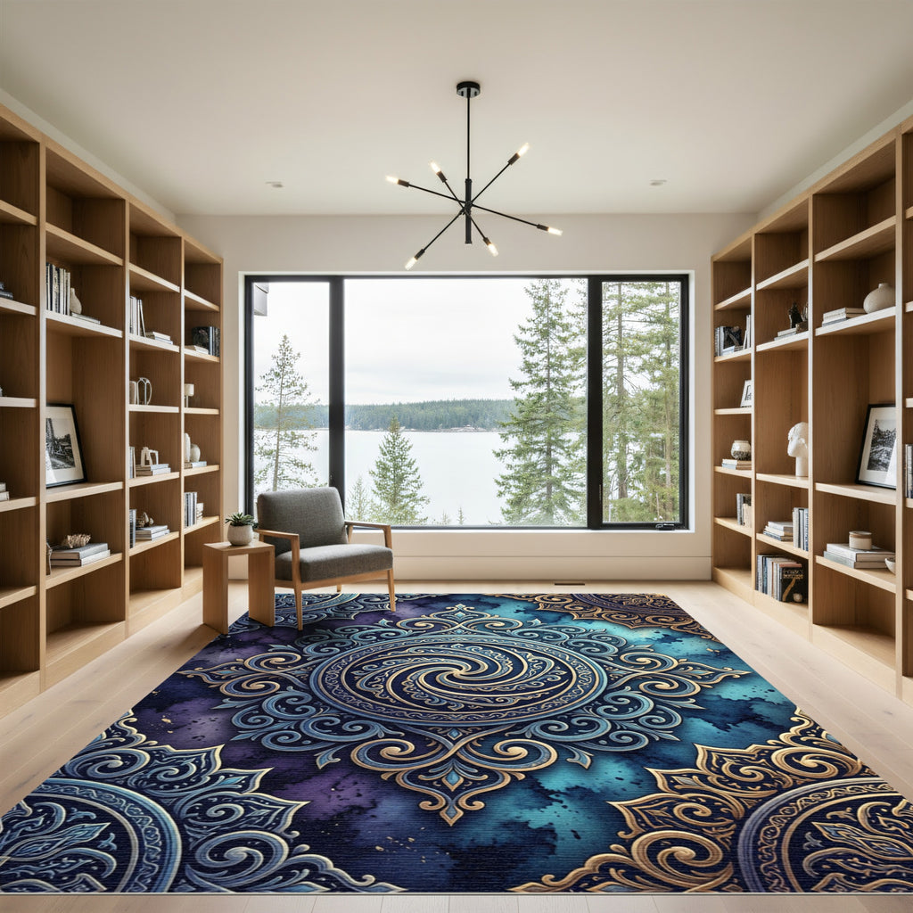 Elegant Navy Golden Swirl Medallion Rug