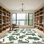 Whimsical Sage Green Tabby Cat Illustration Rug