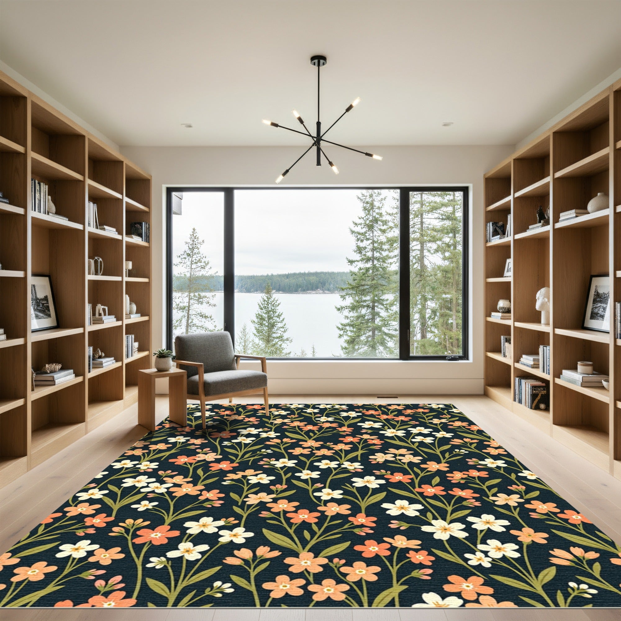 Coral White Floral Vine Garden Rug